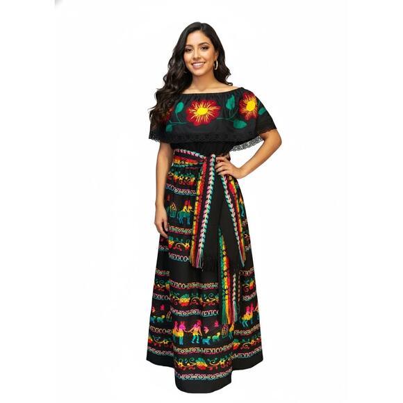 Mexican 3 piece set Blouse Cambaya skirt elastic waist and belt or mini rebozo - Picture 2 of 5